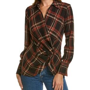Laundry By Shelli Segal Rust Plaid Sheer Crossover Blouse